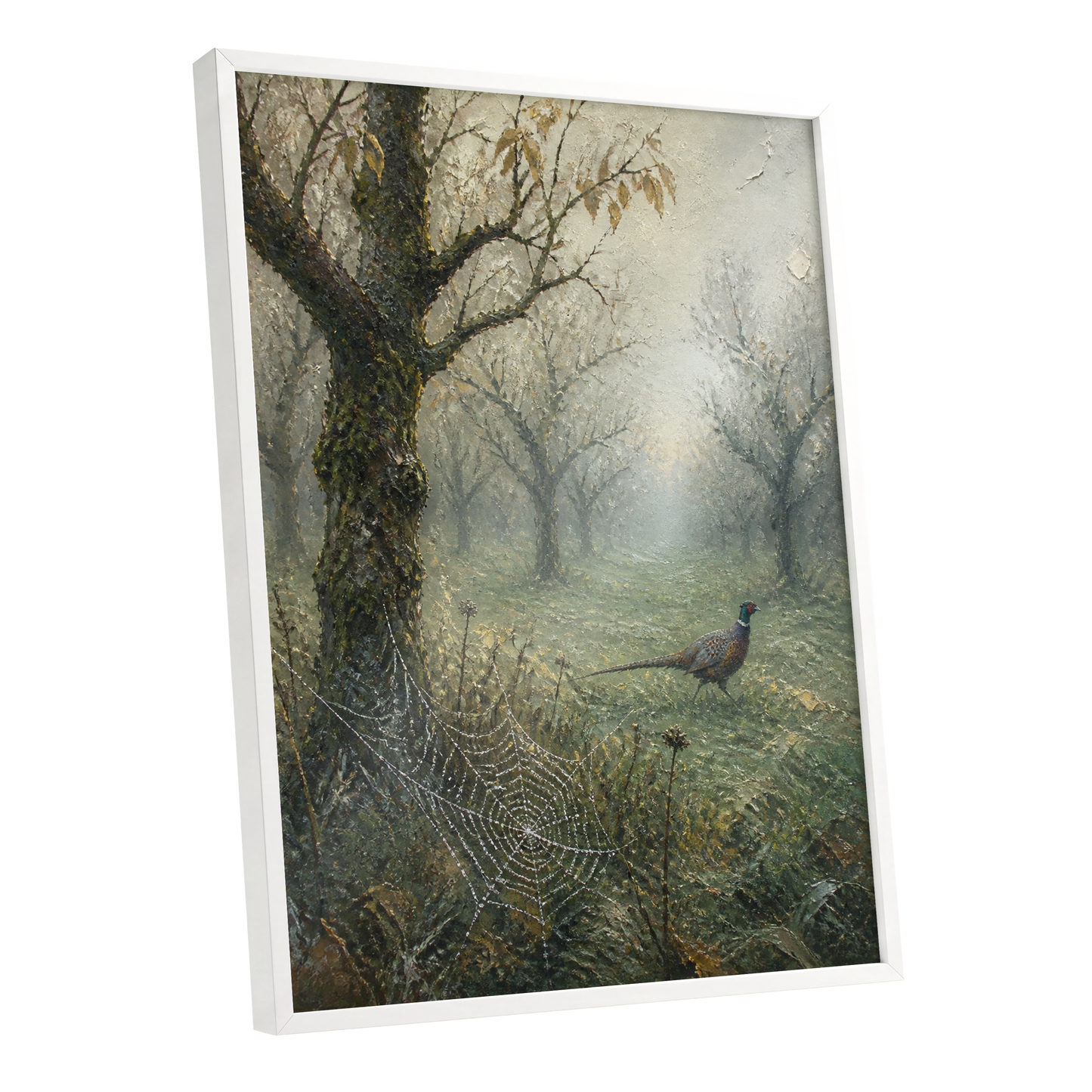 Web in the Morning Mist, green, beige, gray nature wall art shown as a white framed poster wall art print