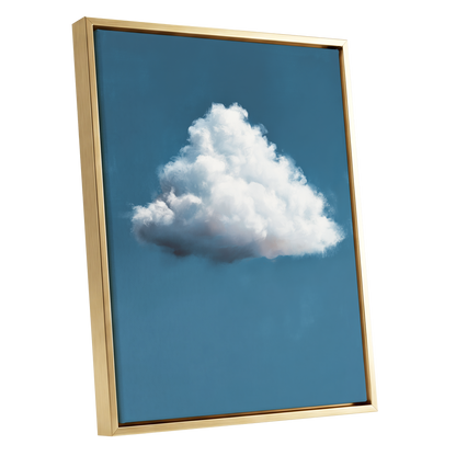 Weightless Weather, blue, white, gray nature wall art shown as a gold framed canvas wall art
