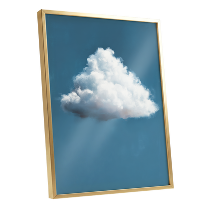 Weightless Weather, blue, white, gray nature wall art shown as a gold framed poster wall art print
