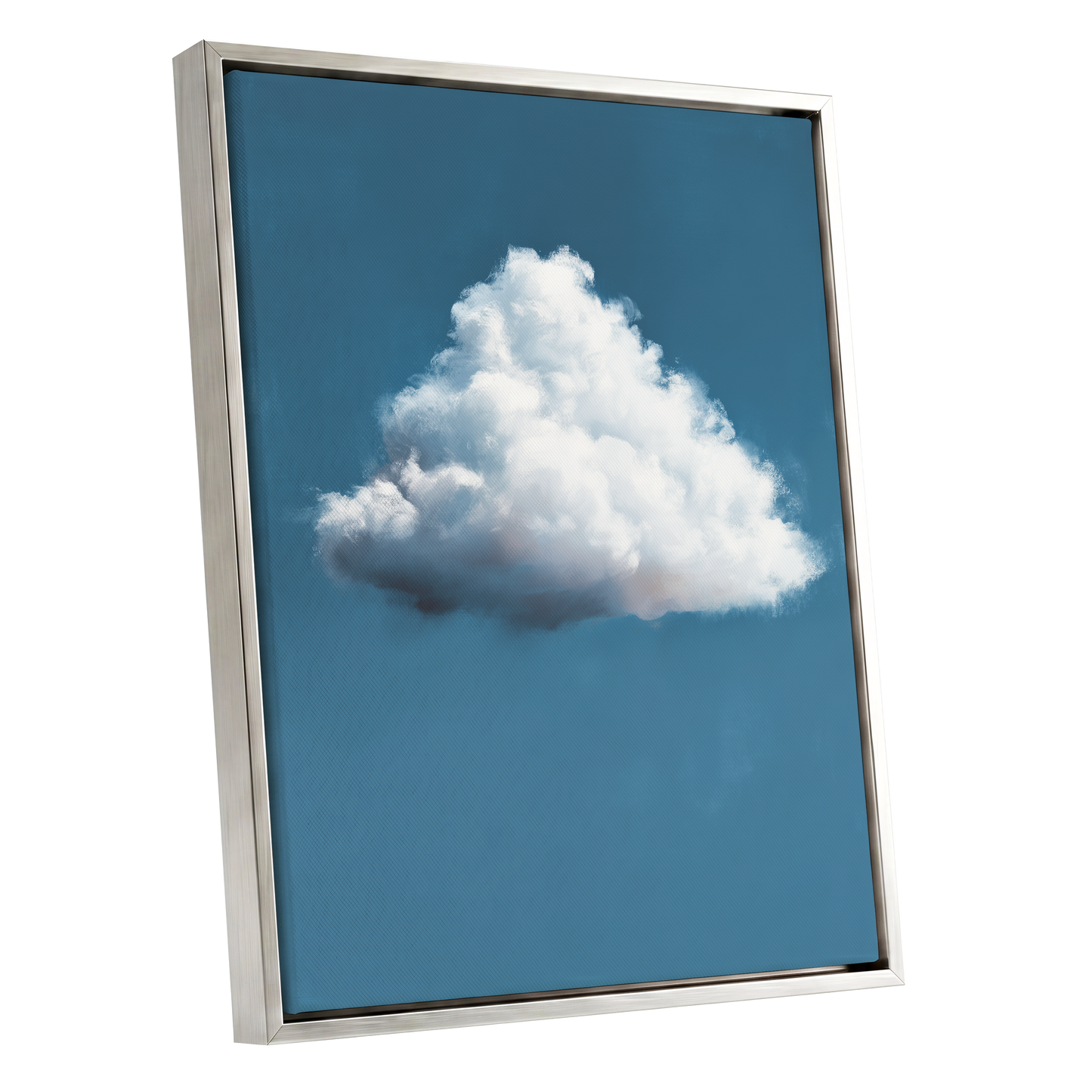 Weightless Weather, blue, white, gray nature wall art shown as a silver framed canvas wall art