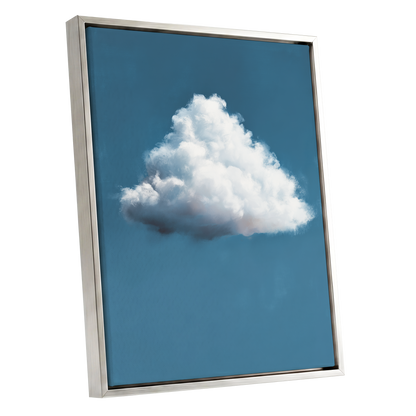 Weightless Weather, blue, white, gray nature wall art shown as a silver framed canvas wall art