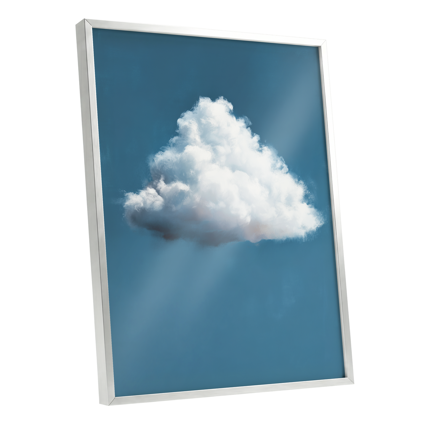 Weightless Weather, blue, white, gray nature wall art shown as a silver framed poster wall art print