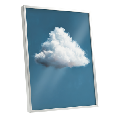 Weightless Weather, blue, white, gray nature wall art shown as a silver framed poster wall art print
