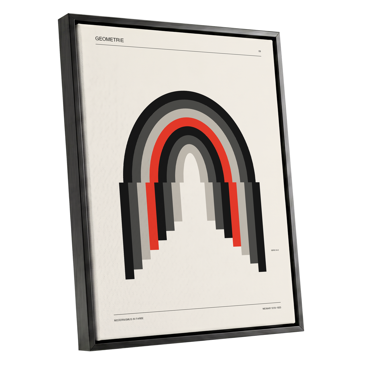 Weimar Arches, beige, black, red abstract wall art shown as a black framed canvas wall art