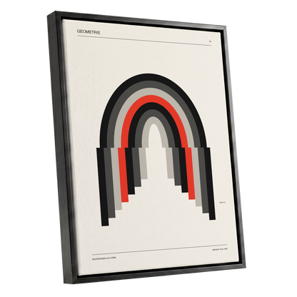 Weimar Arches, beige, black, red abstract wall art shown as a black framed canvas wall art