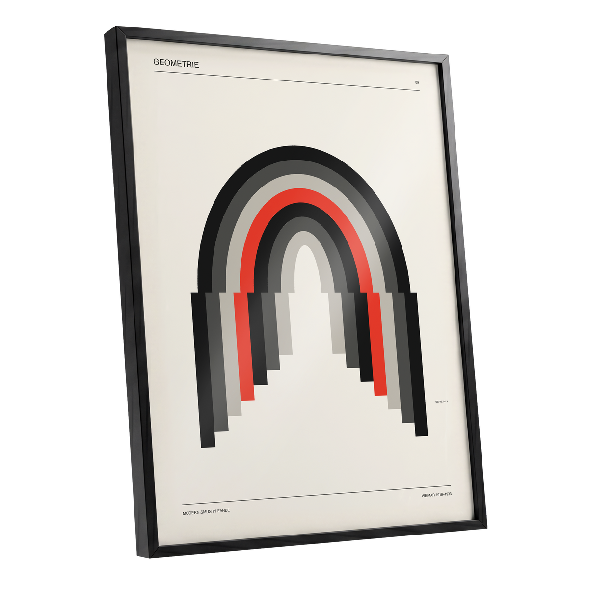 Weimar Arches, beige, black, red abstract wall art shown as a black framed poster wall art print