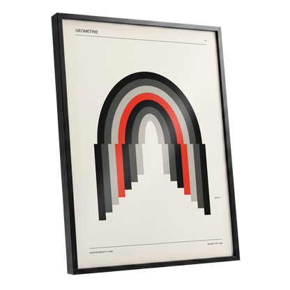 Weimar Arches, beige, black, red abstract wall art shown as a black framed poster wall art print