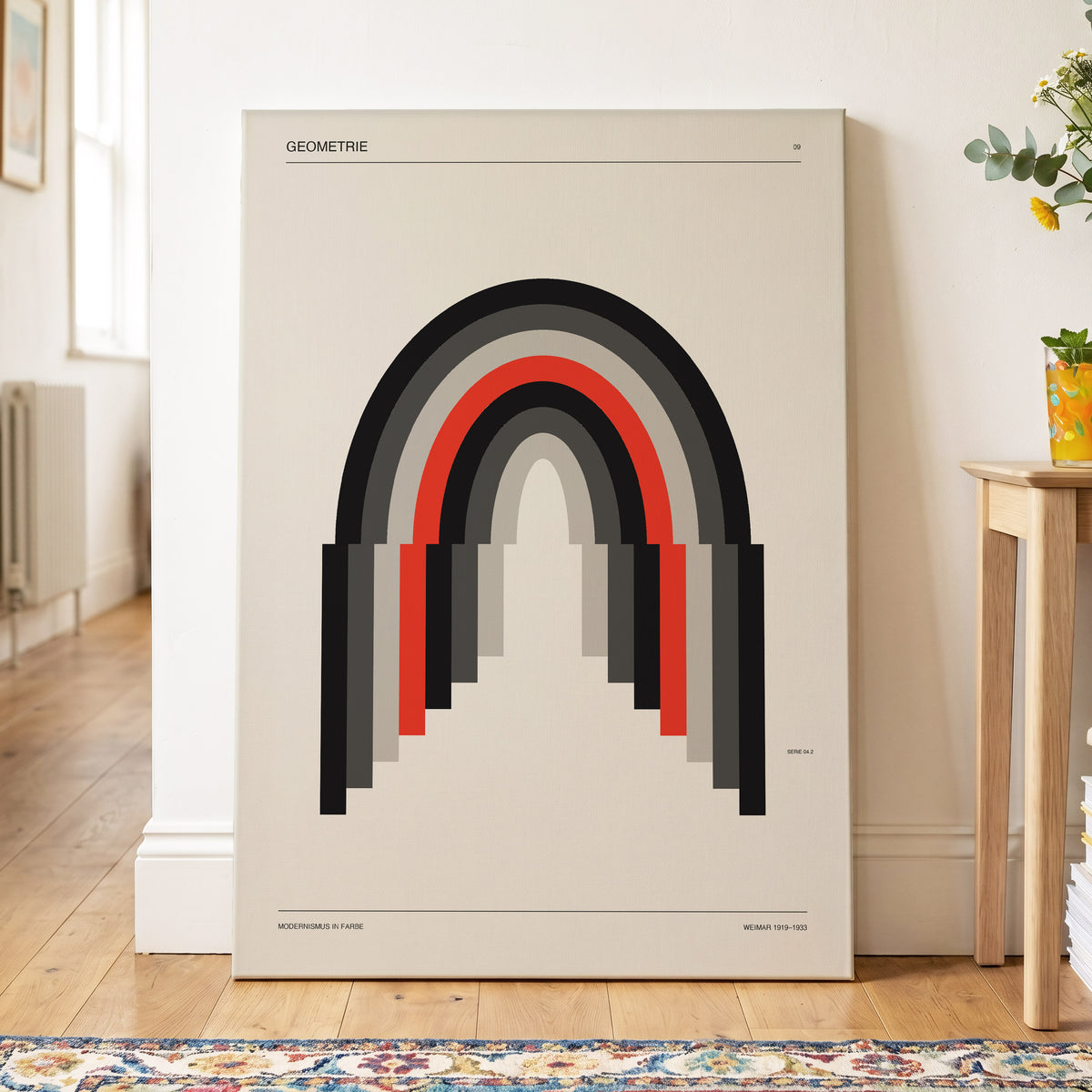 Weimar Arches, beige, black, red abstract wall art on canvas displayed in a styled interior, gallery view 2