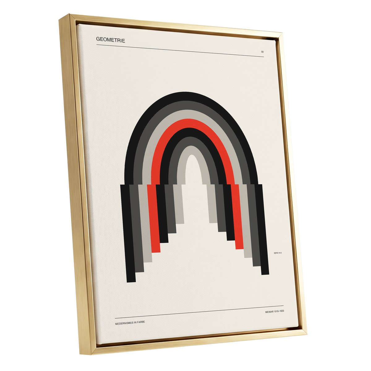 Weimar Arches, beige, black, red abstract wall art shown as a gold framed canvas wall art