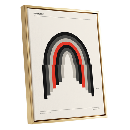 Weimar Arches, beige, black, red abstract wall art shown as a gold framed canvas wall art