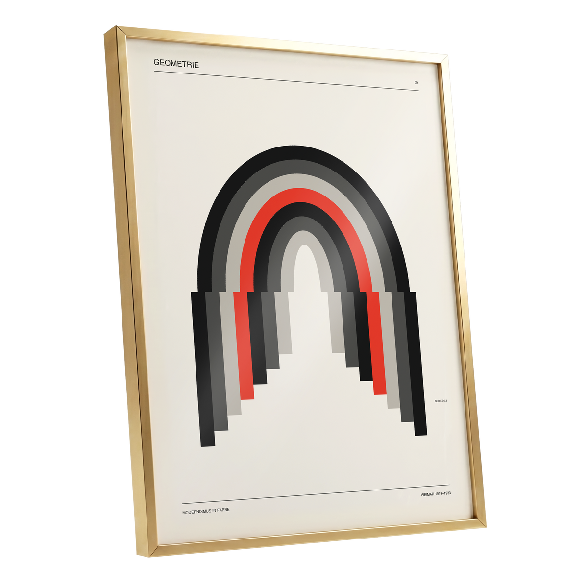 Weimar Arches, beige, black, red abstract wall art shown as a gold framed poster wall art print