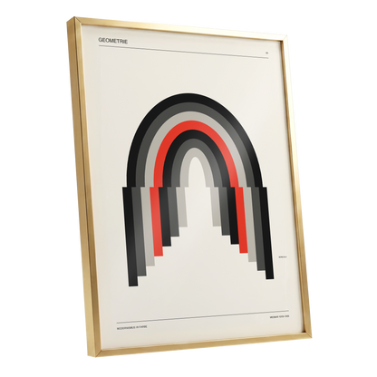 Weimar Arches, beige, black, red abstract wall art shown as a gold framed poster wall art print
