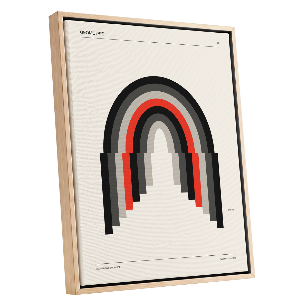 Weimar Arches, beige, black, red abstract wall art shown as a oak framed canvas wall art