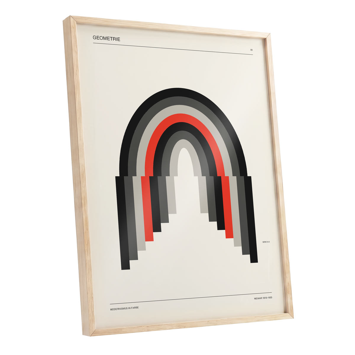 Weimar Arches, beige, black, red abstract wall art shown as a oak framed poster wall art print