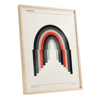 Weimar Arches, beige, black, red abstract wall art shown as a oak framed poster wall art print