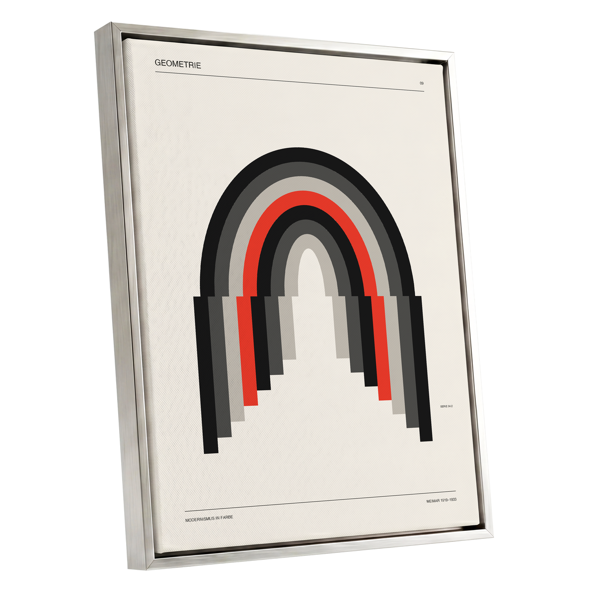 Weimar Arches, beige, black, red abstract wall art shown as a silver framed canvas wall art