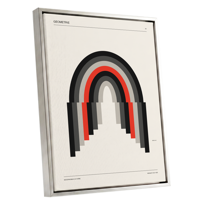 Weimar Arches, beige, black, red abstract wall art shown as a silver framed canvas wall art