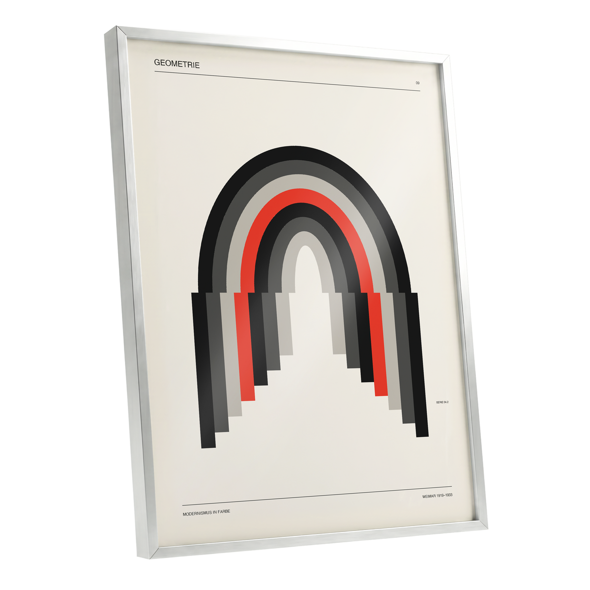 Weimar Arches, beige, black, red abstract wall art shown as a silver framed poster wall art print
