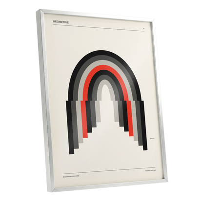 Weimar Arches, beige, black, red abstract wall art shown as a silver framed poster wall art print