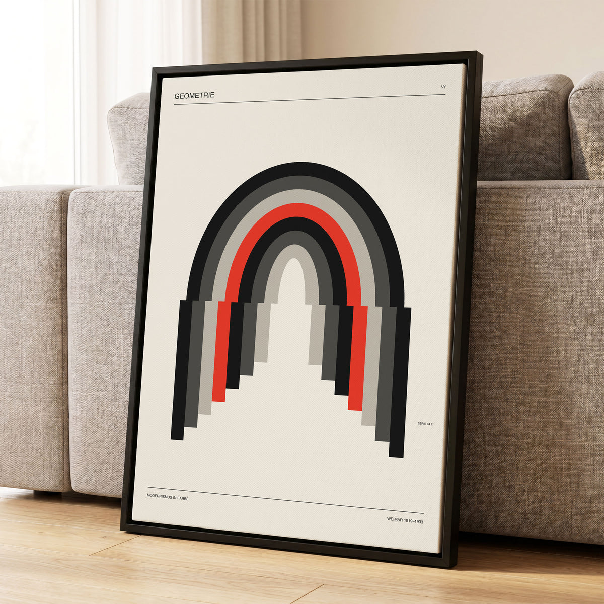 Weimar Arches, beige, black, red abstract wall art displayed in a styled interior, gallery view 1