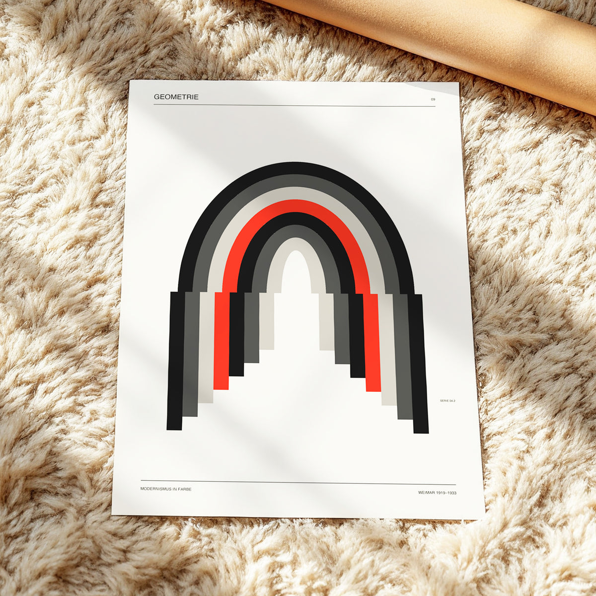 Weimar Arches, beige, black, red abstract wall art displayed in a styled interior, gallery view 3