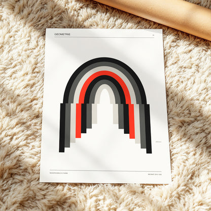Weimar Arches, beige, black, red abstract wall art displayed in a styled interior, gallery view 3