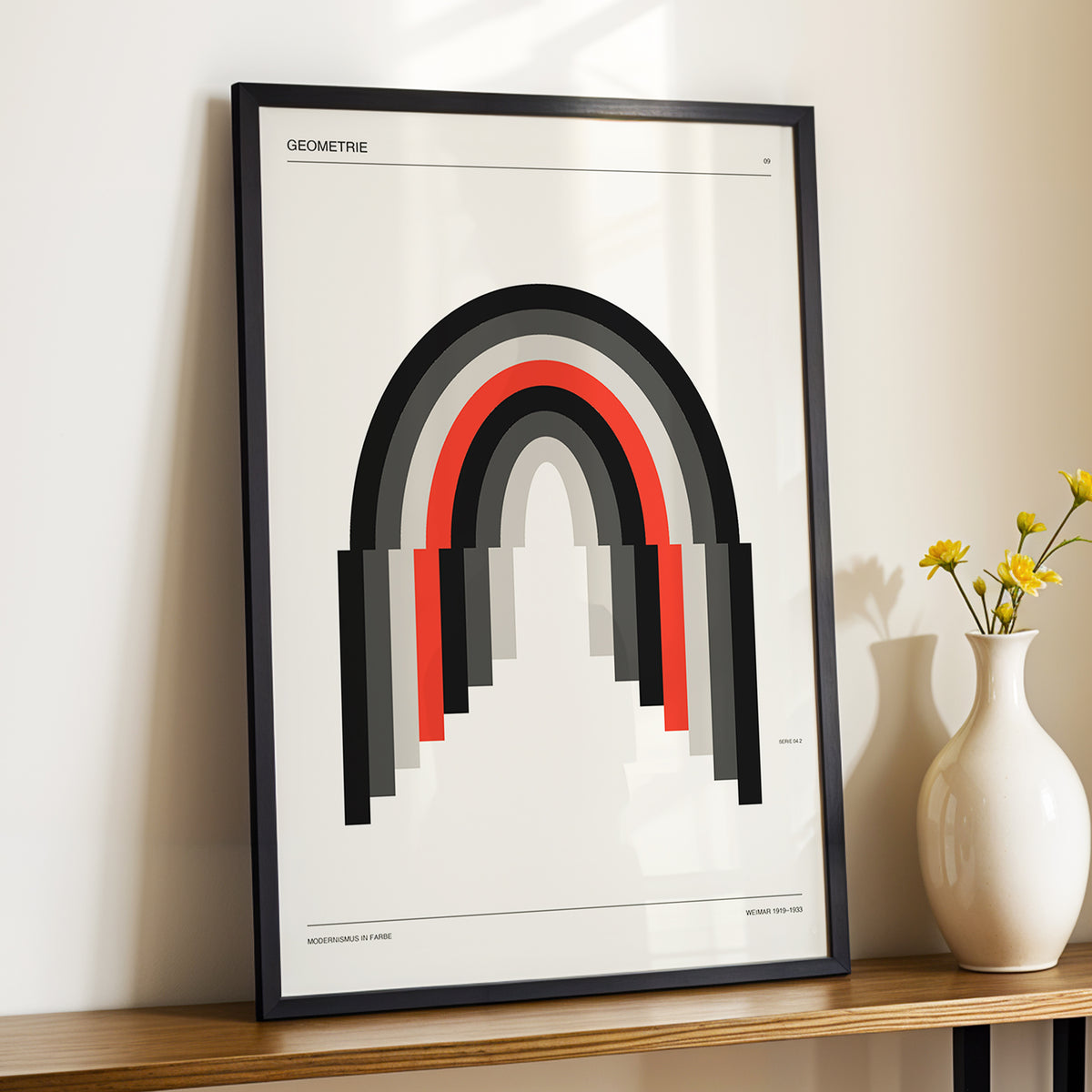 Weimar Arches, beige, black, red abstract wall art displayed in a styled interior, gallery view 4