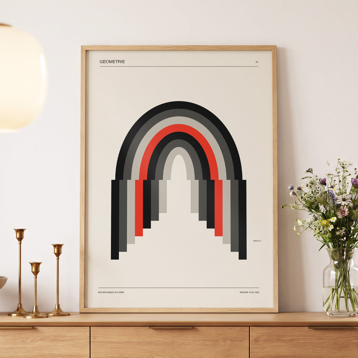 Weimar Arches, beige, black, red abstract wall art displayed in a styled interior, gallery view 5