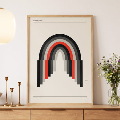 Weimar Arches, beige, black, red abstract wall art displayed in a styled interior, gallery view 5