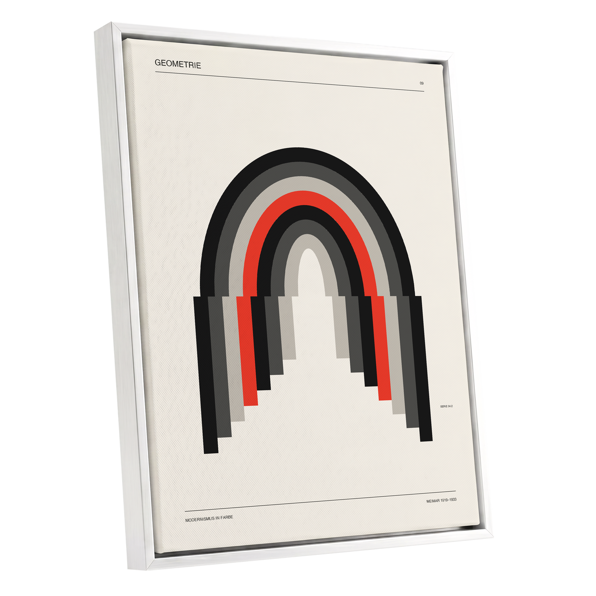 Weimar Arches, beige, black, red abstract wall art shown as a white framed canvas wall art