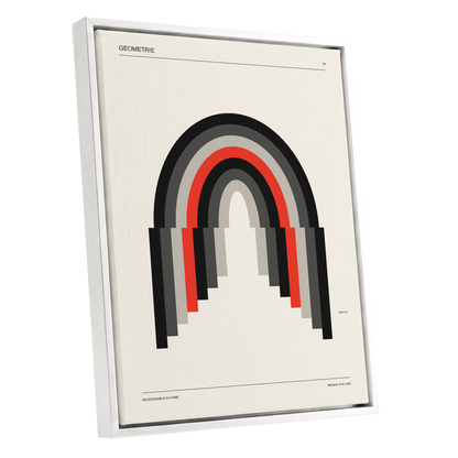 Weimar Arches, beige, black, red abstract wall art shown as a white framed canvas wall art