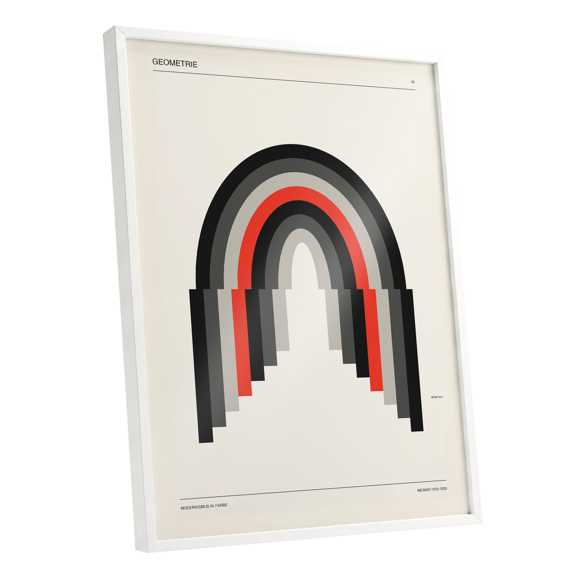 Weimar Arches, beige, black, red abstract wall art shown as a white framed poster wall art print