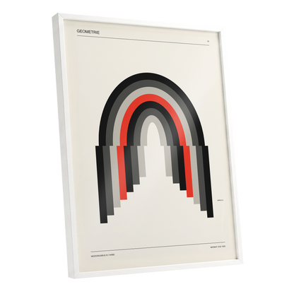 Weimar Arches, beige, black, red abstract wall art shown as a white framed poster wall art print