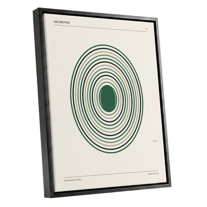 Weimar Echoes, green, beige, black minimalist wall art shown as a black framed canvas wall art