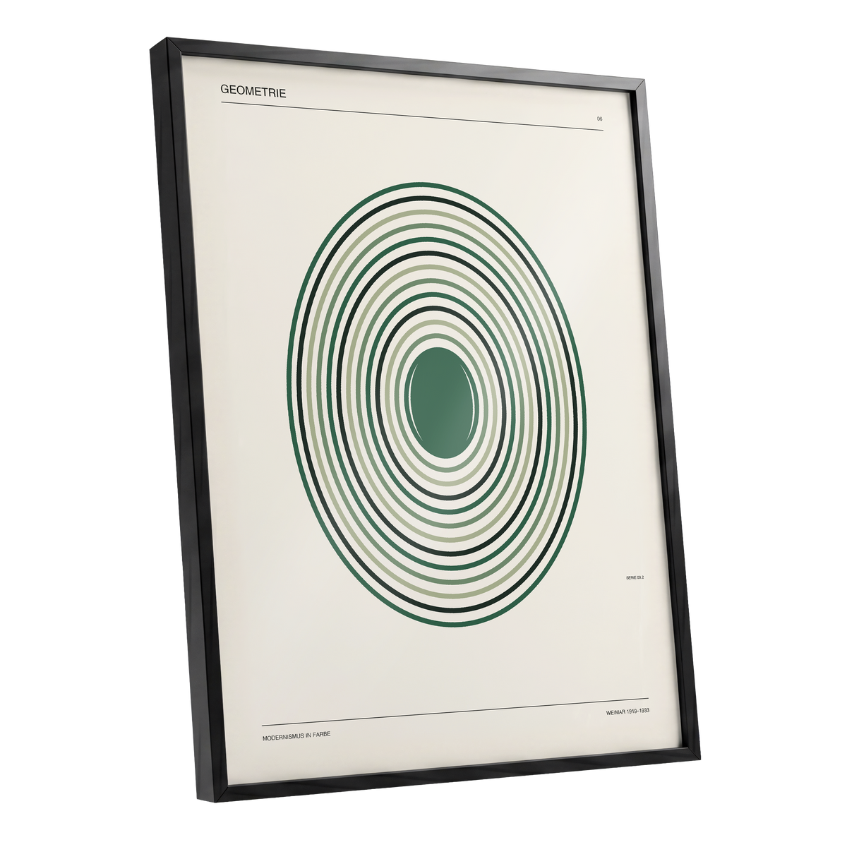 Weimar Echoes, green, beige, black minimalist wall art shown as a black framed poster wall art print