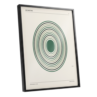 Weimar Echoes, green, beige, black minimalist wall art shown as a black framed poster wall art print