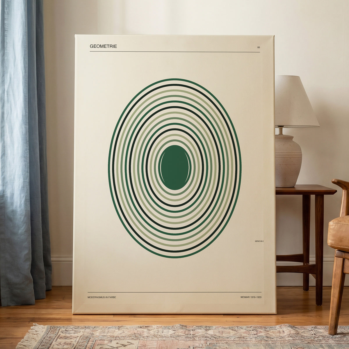 Weimar Echoes, green, beige, black minimalist wall art on canvas displayed in a styled interior, gallery view 1