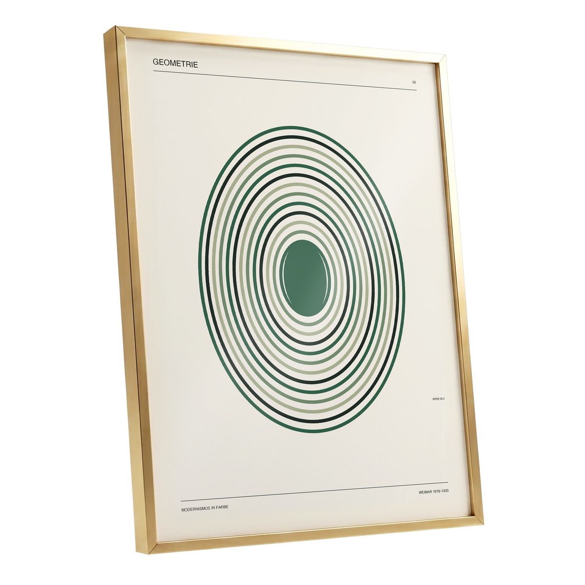 Weimar Echoes, green, beige, black minimalist wall art shown as a gold framed poster wall art print