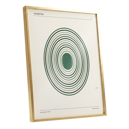Weimar Echoes, green, beige, black minimalist wall art shown as a gold framed poster wall art print