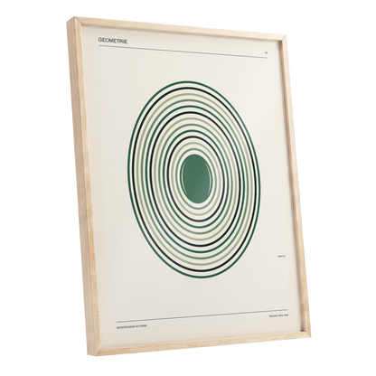 Weimar Echoes, green, beige, black minimalist wall art shown as a oak framed poster wall art print