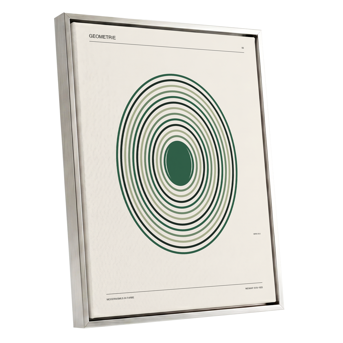 Weimar Echoes, green, beige, black minimalist wall art shown as a silver framed canvas wall art