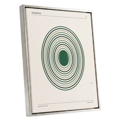 Weimar Echoes, green, beige, black minimalist wall art shown as a silver framed canvas wall art
