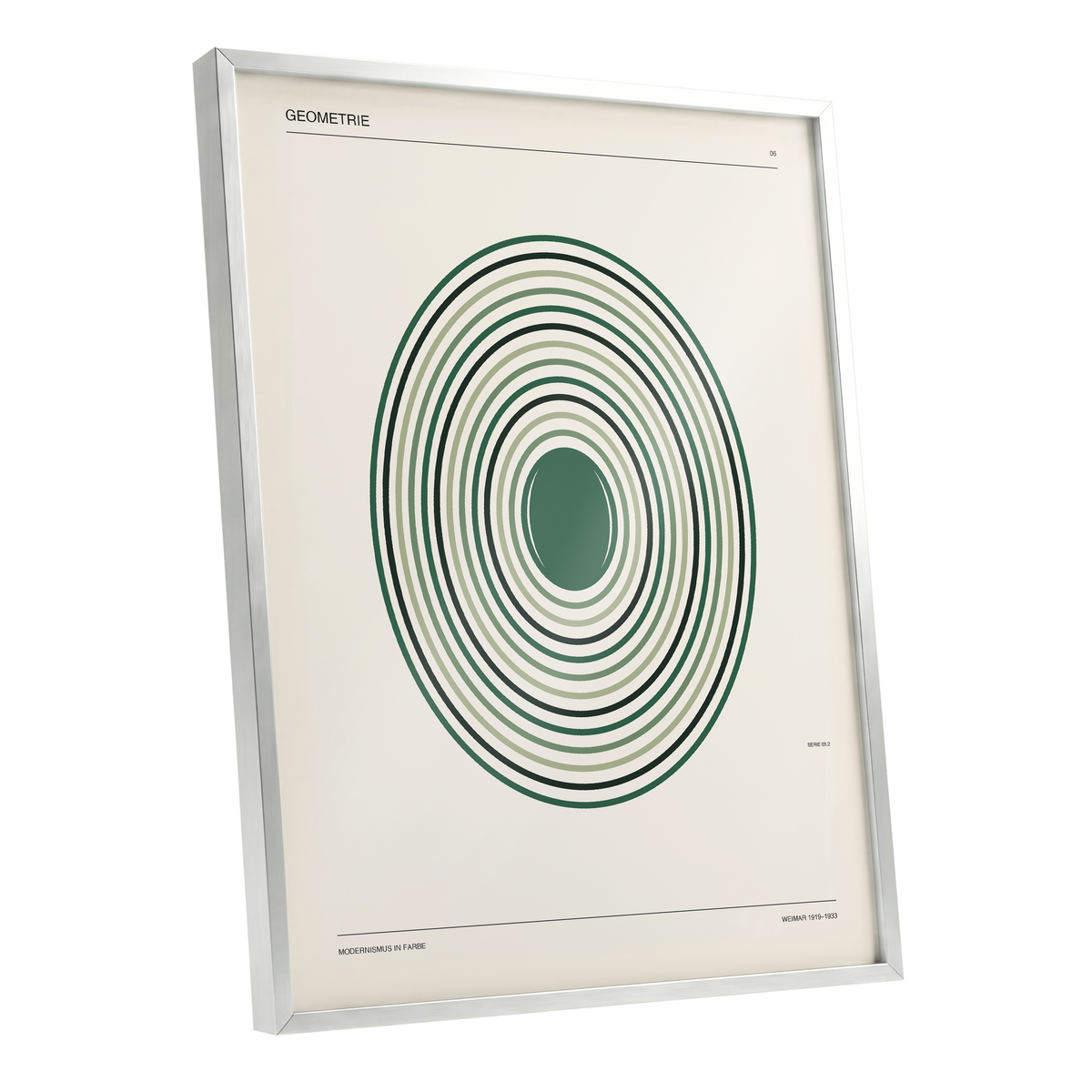 Weimar Echoes, green, beige, black minimalist wall art shown as a silver framed poster wall art print