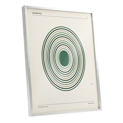 Weimar Echoes, green, beige, black minimalist wall art shown as a silver framed poster wall art print