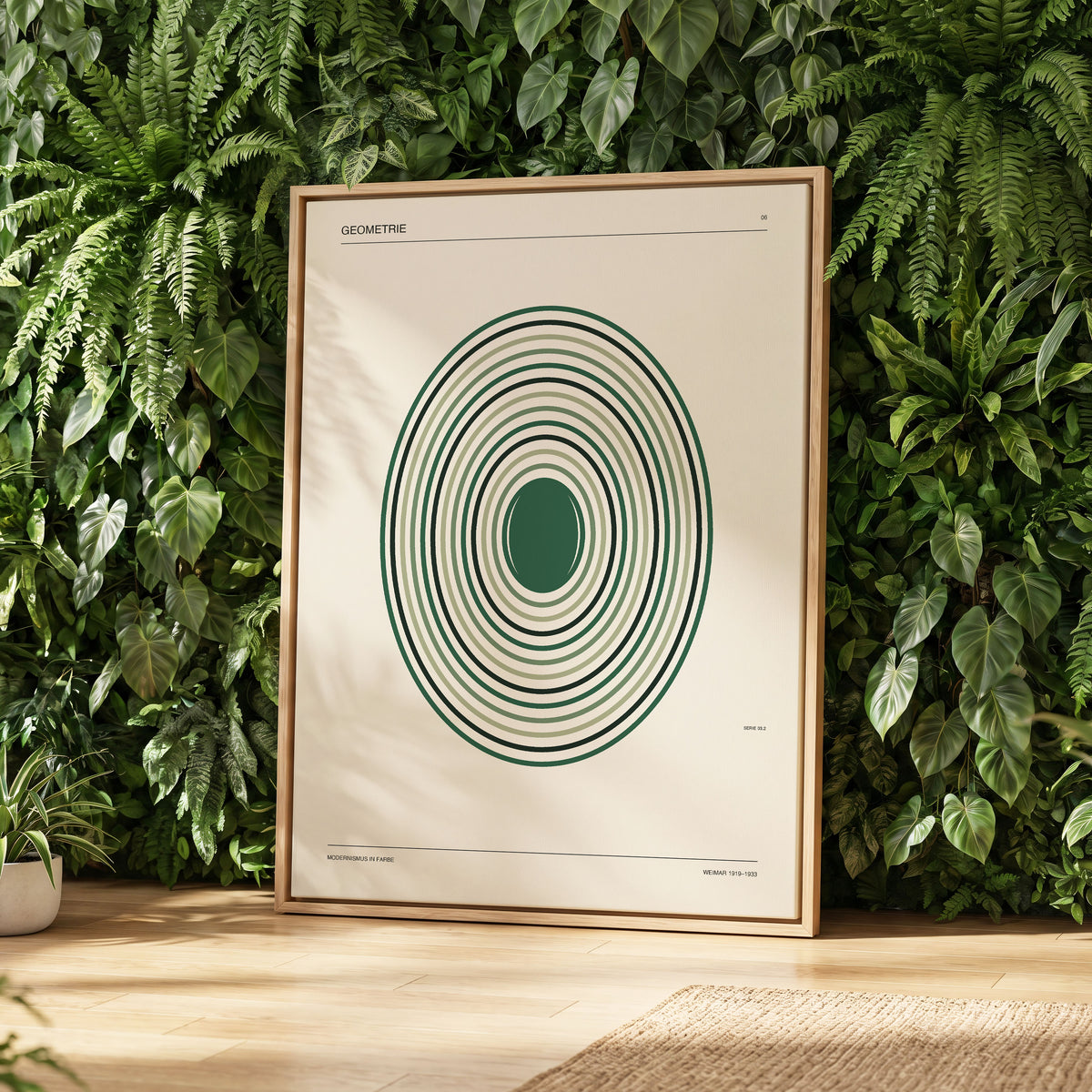 Weimar Echoes, green, beige, black minimalist wall art displayed in a styled interior, gallery view 2