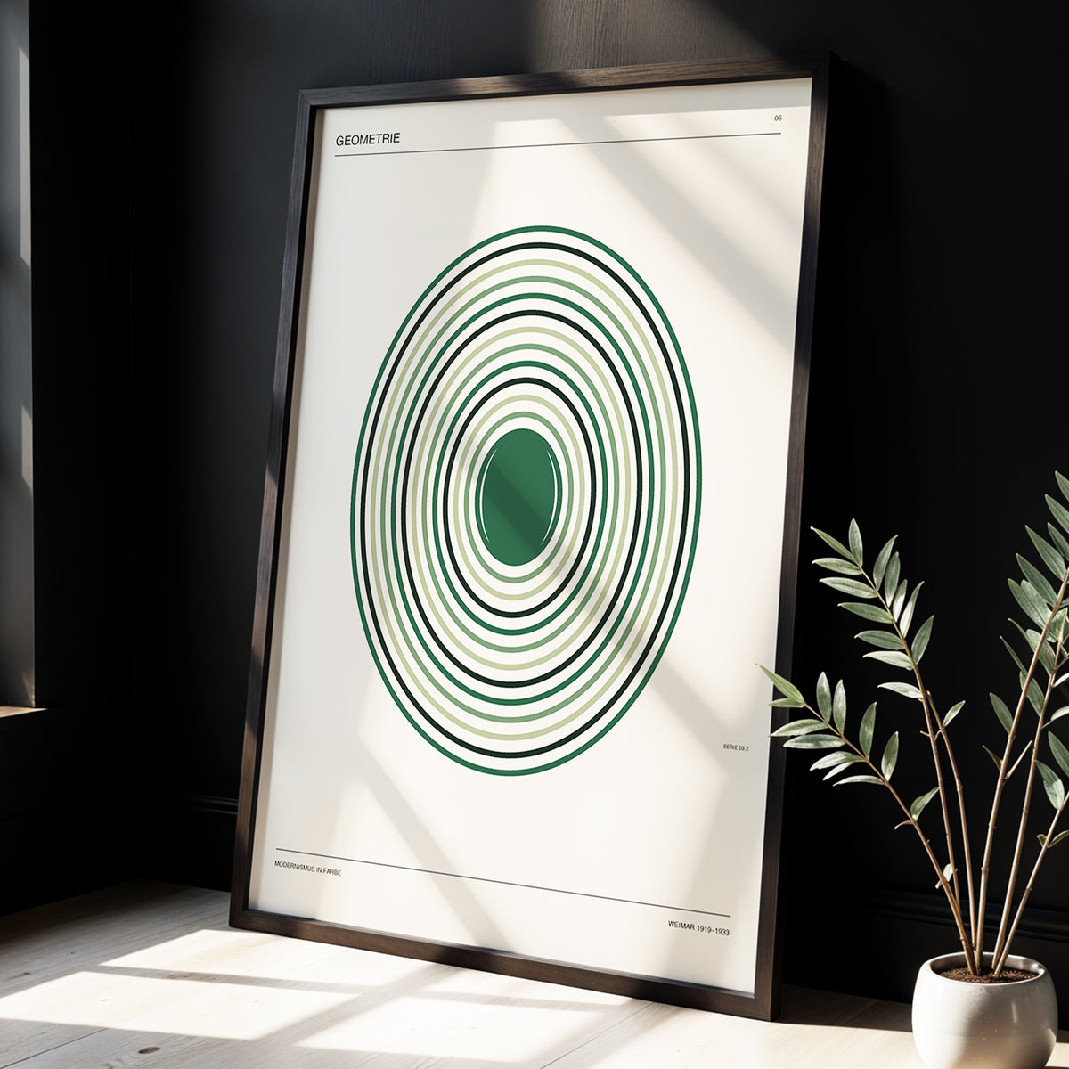 Weimar Echoes, green, beige, black minimalist wall art displayed in a styled interior, gallery view 3