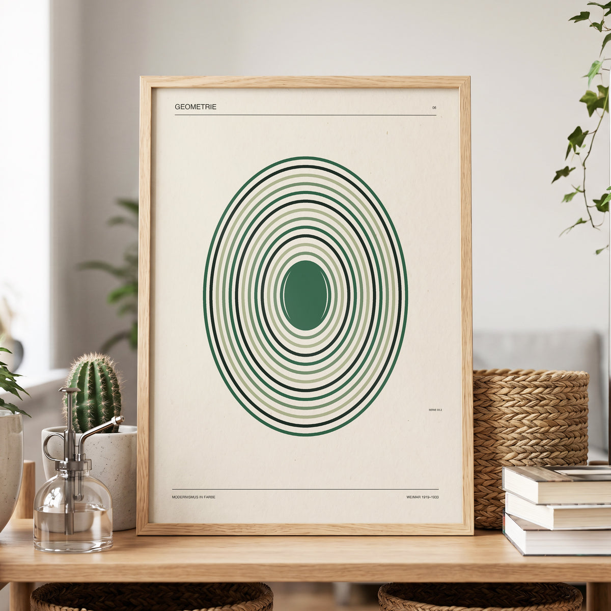 Weimar Echoes, green, beige, black minimalist wall art displayed in a styled interior, gallery view 4