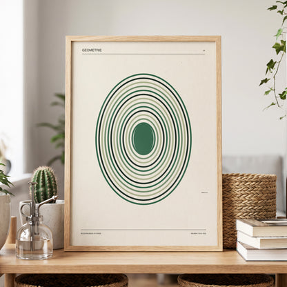 Weimar Echoes, green, beige, black minimalist wall art displayed in a styled interior, gallery view 4