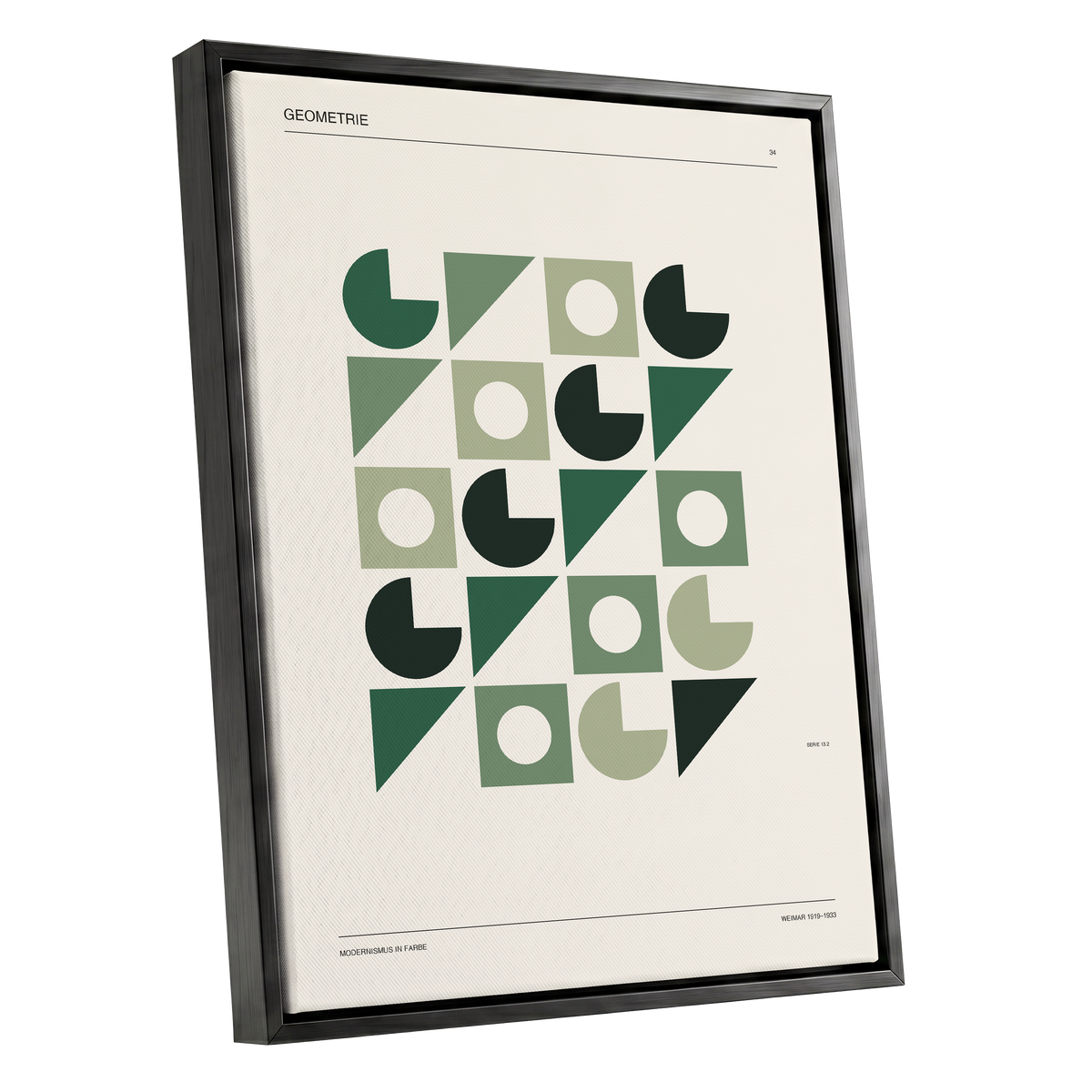Weimar Geometry, green, beige, black minimalist wall art shown as a black framed canvas wall art