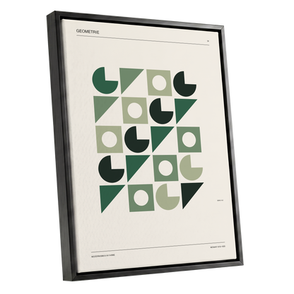 Weimar Geometry, green, beige, black minimalist wall art shown as a black framed canvas wall art
